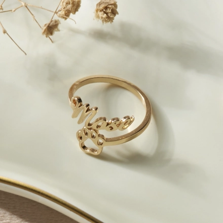 Personalized Paw Print Name Ring - Custom Gold Jewelry for Pet Lovers